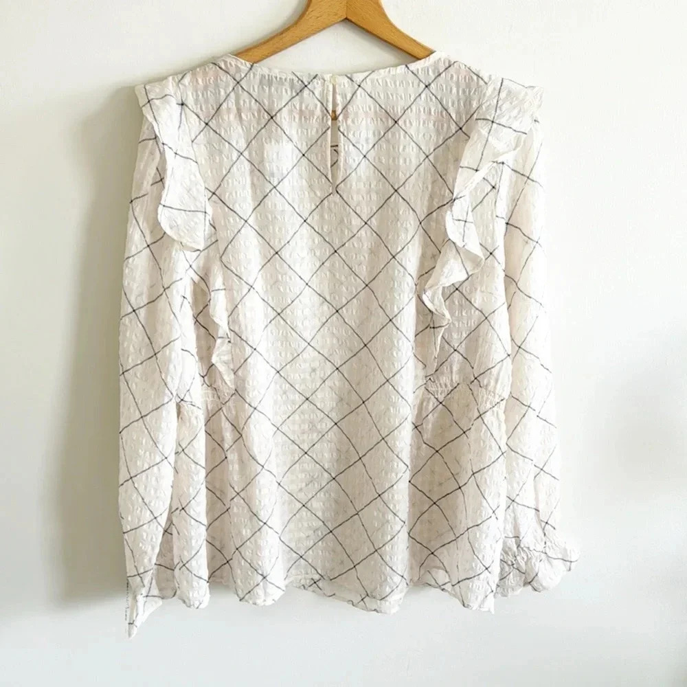 Loft cream/ivory Plaid Ruffle Blouse size large NWT - Picture 8 of 10